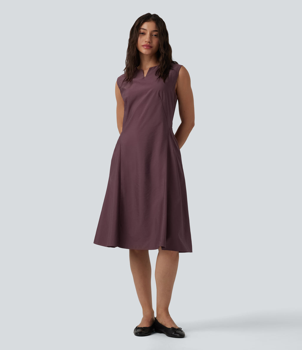 Notched Sleeveless Midi Work Flare Dress with Pockets — Mauve Wine — view 1