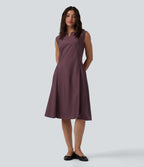 Notched Sleeveless Midi Work Flare Dress with Pockets — Mauve Wine — view 1