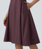 Notched Sleeveless Midi Work Flare Dress with Pockets — Mauve Wine — view 5