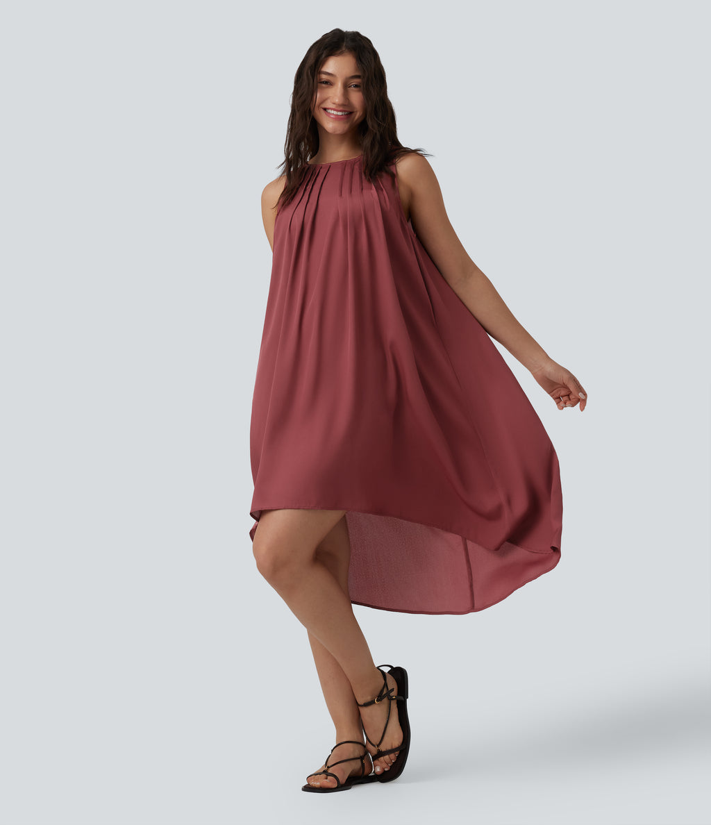 Round Neck Pleated Sleeveless High Low Casual Flowy Dress — Red Pear — view 1