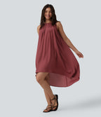 Round Neck Pleated Sleeveless High Low Casual Flowy Dress — Red Pear — view 1