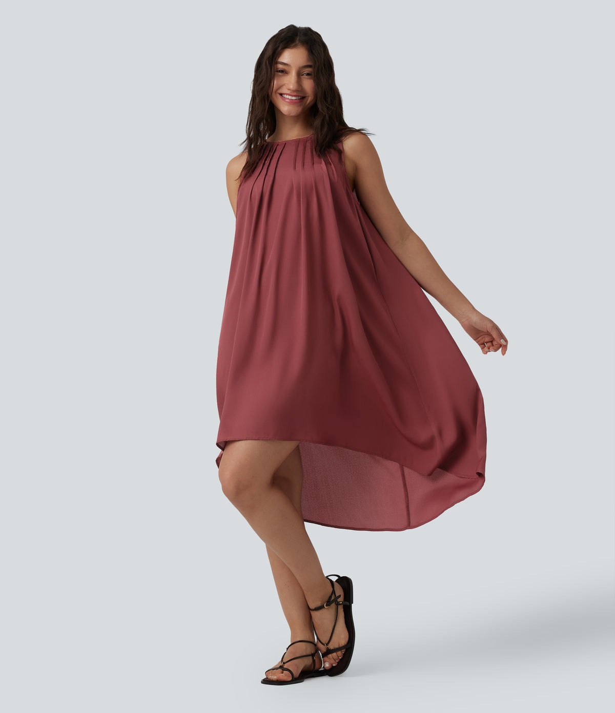 Round Neck Pleated Sleeveless High Low Casual Flowy Dress — Red Pear — view 1