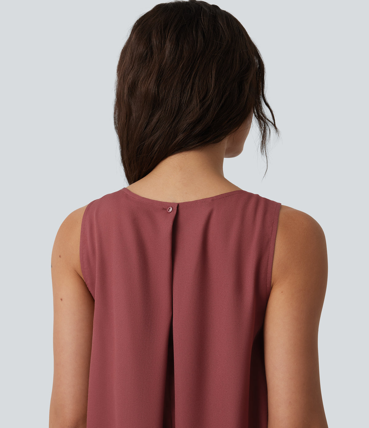 Round Neck Pleated Sleeveless High Low Casual Flowy Dress — Red Pear — view 5