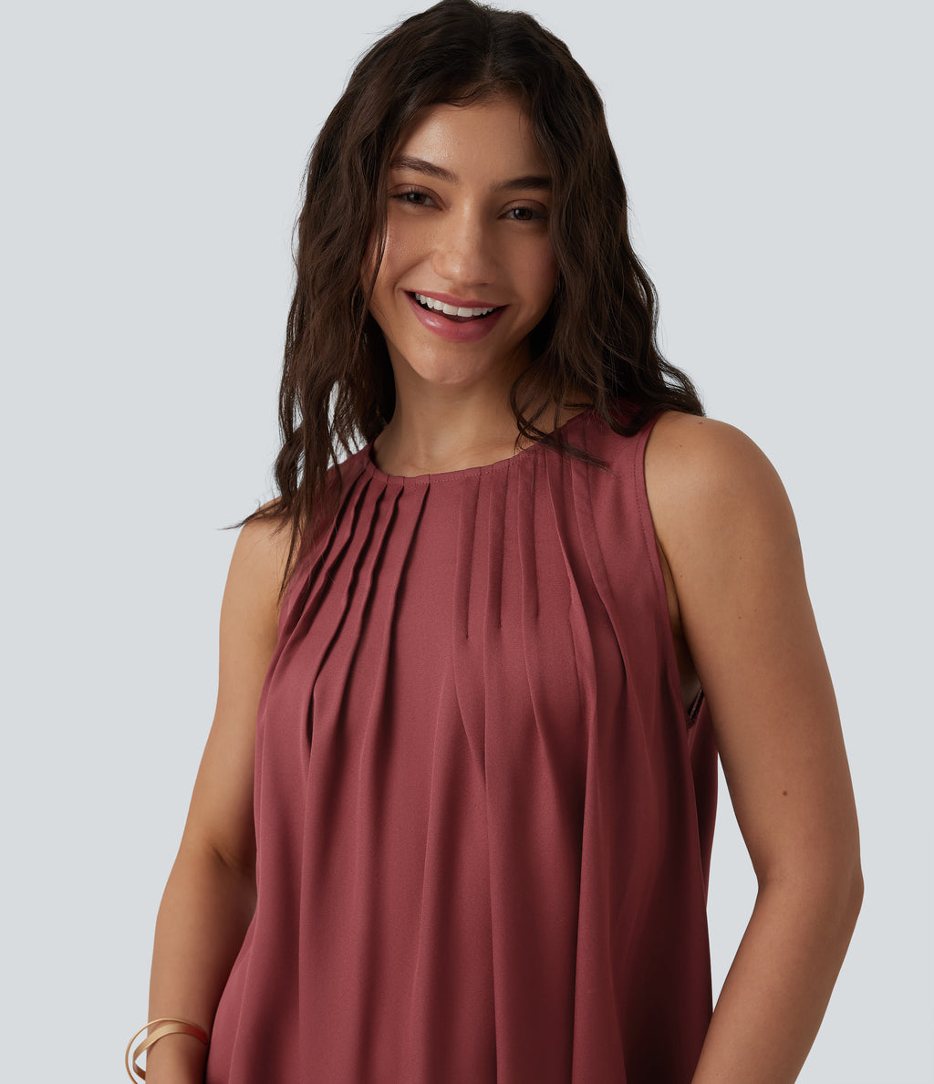 Round Neck Pleated Sleeveless High Low Casual Flowy Dress — Red Pear — view 4