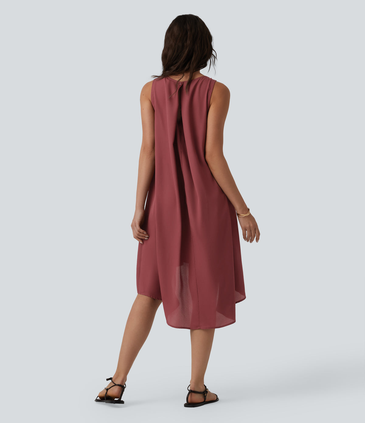 Round Neck Pleated Sleeveless High Low Casual Flowy Dress — Red Pear — view 2