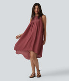 Round Neck Pleated Sleeveless High Low Casual Flowy Dress — Red Pear — view 3