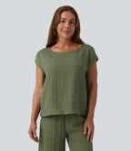 Round Neck Batwing Sleeve Casual Linen-Feel Top — Loden Green — view 5