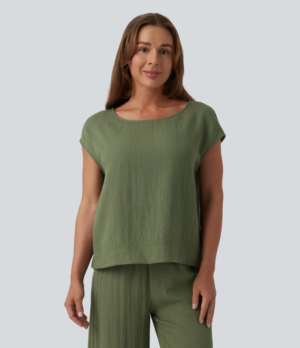 Round Neck Batwing Sleeve Casual Linen-Feel Top — Loden Green — view 5