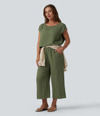 Round Neck Batwing Sleeve Casual Linen-Feel Top — Loden Green — view 6