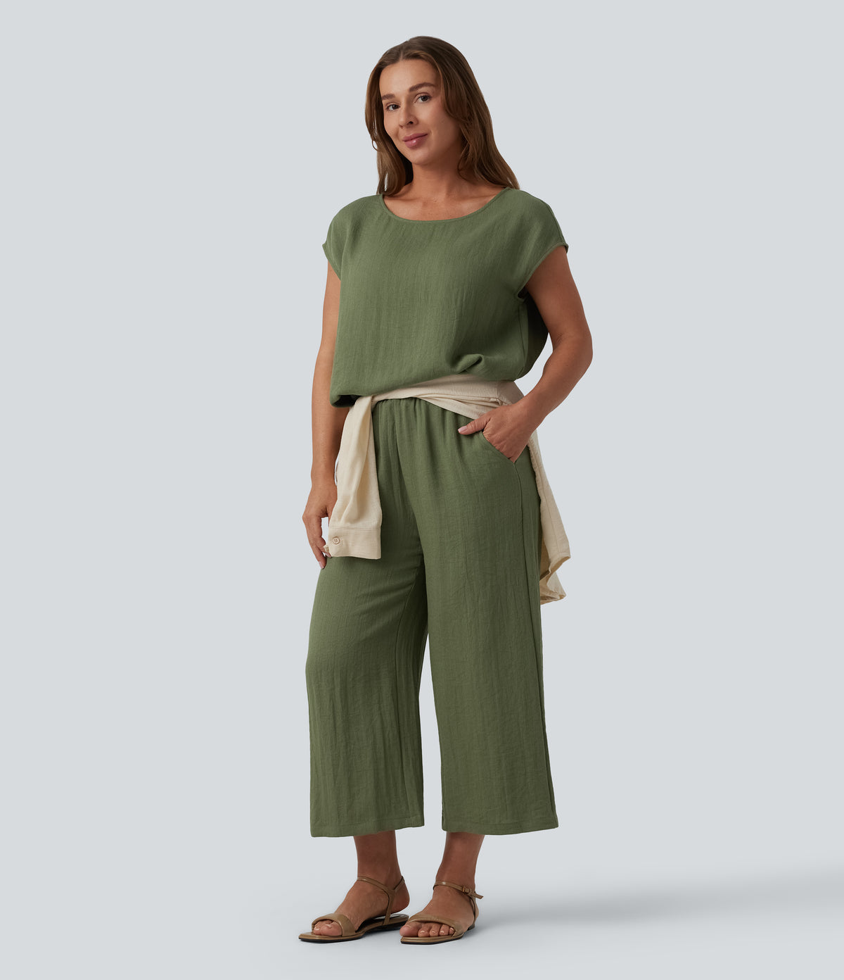 Round Neck Batwing Sleeve Casual Linen-Feel Top — Loden Green — view 6