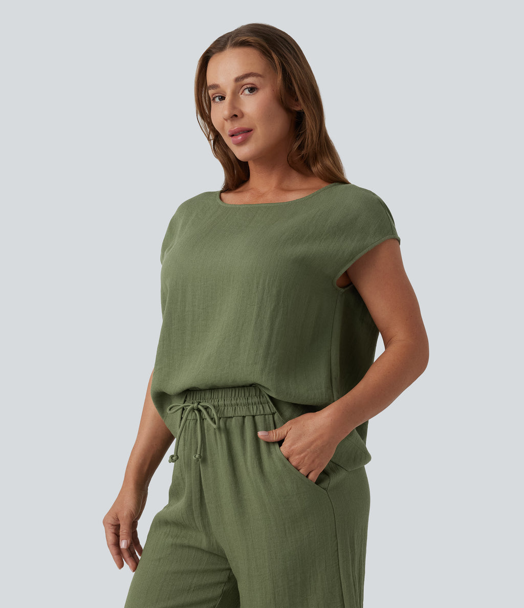 Round Neck Batwing Sleeve Casual Linen-Feel Top — Loden Green — view 3