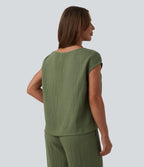 Round Neck Batwing Sleeve Casual Linen-Feel Top — Loden Green — view 2