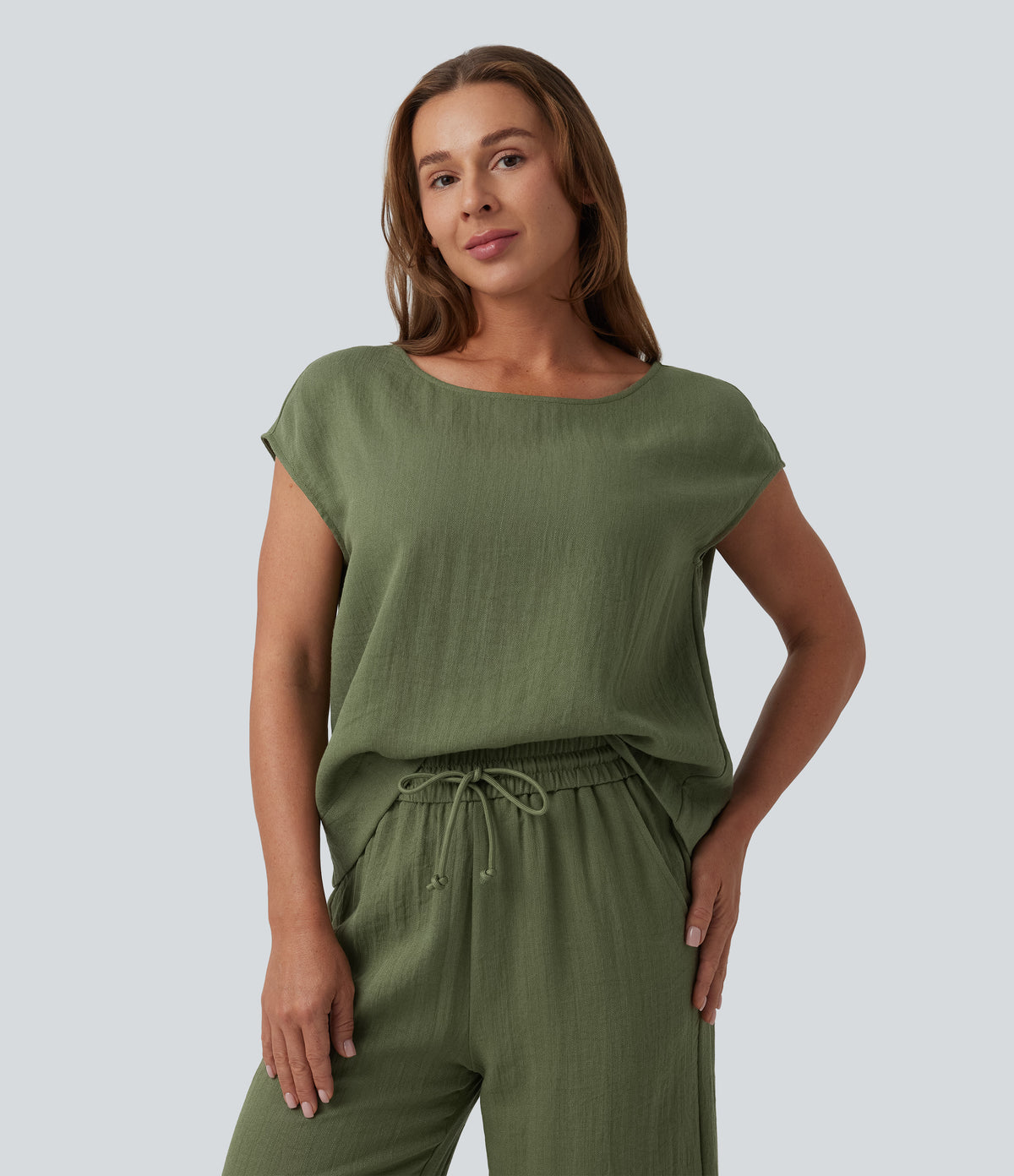 Round Neck Batwing Sleeve Casual Linen-Feel Top — Loden Green — view 1