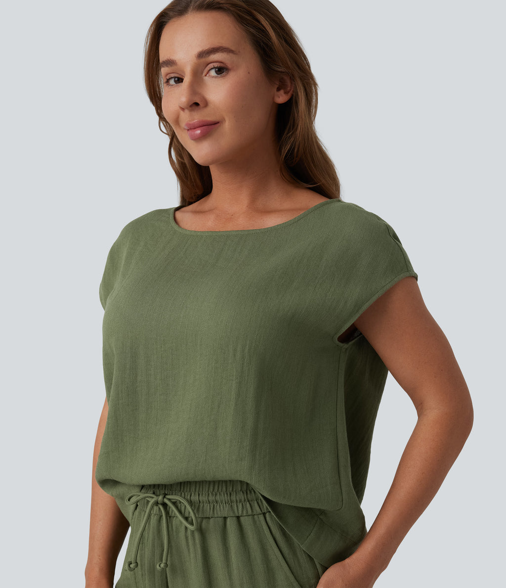 Round Neck Batwing Sleeve Casual Linen-Feel Top — Loden Green — view 4
