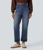 High Waisted Straight Leg Casual Jeans with Pockets — Estate Blue Denim — view 1