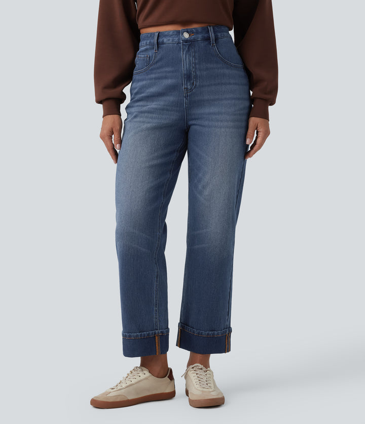 High Waisted Straight Leg Casual Jeans with Pockets — Estate Blue Denim — view 1