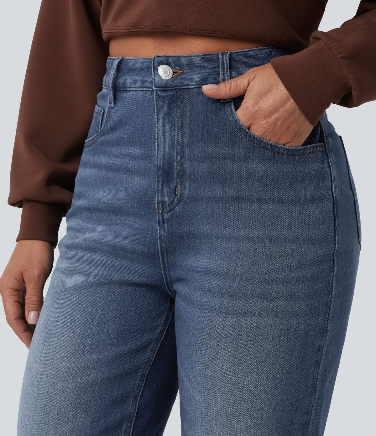 High Waisted Straight Leg Casual Jeans with Pockets — Estate Blue Denim — view 4