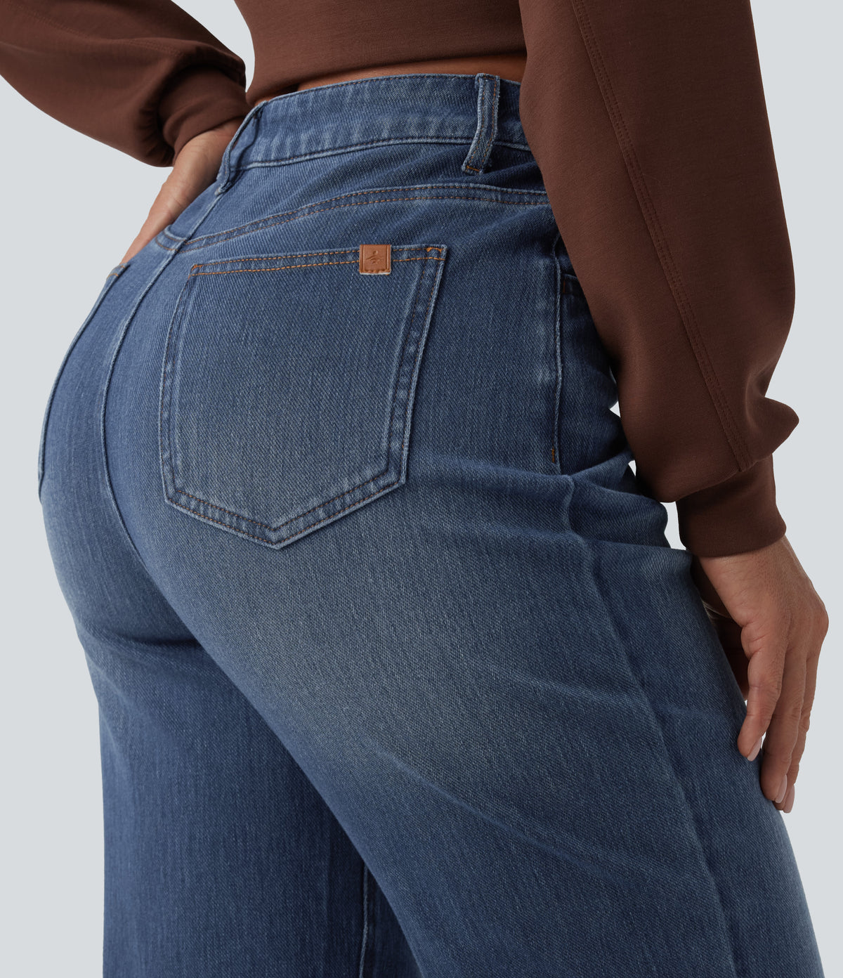 High Waisted Straight Leg Casual Jeans with Pockets — Estate Blue Denim — view 5