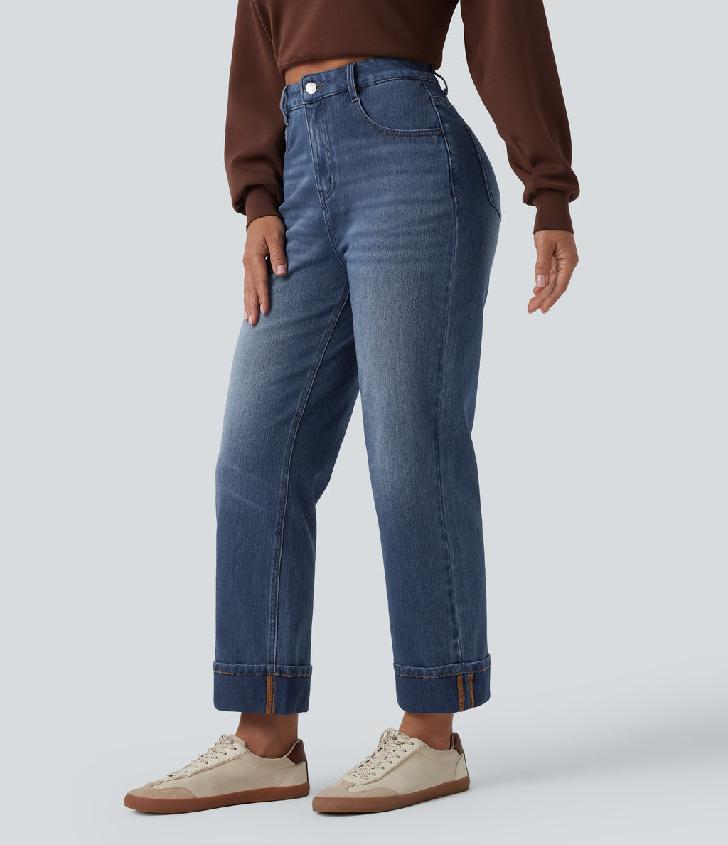 High Waisted Straight Leg Casual Jeans with Pockets — Estate Blue Denim — view 3