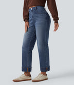 High Waisted Straight Leg Casual Jeans with Pockets — Estate Blue Denim — view 3