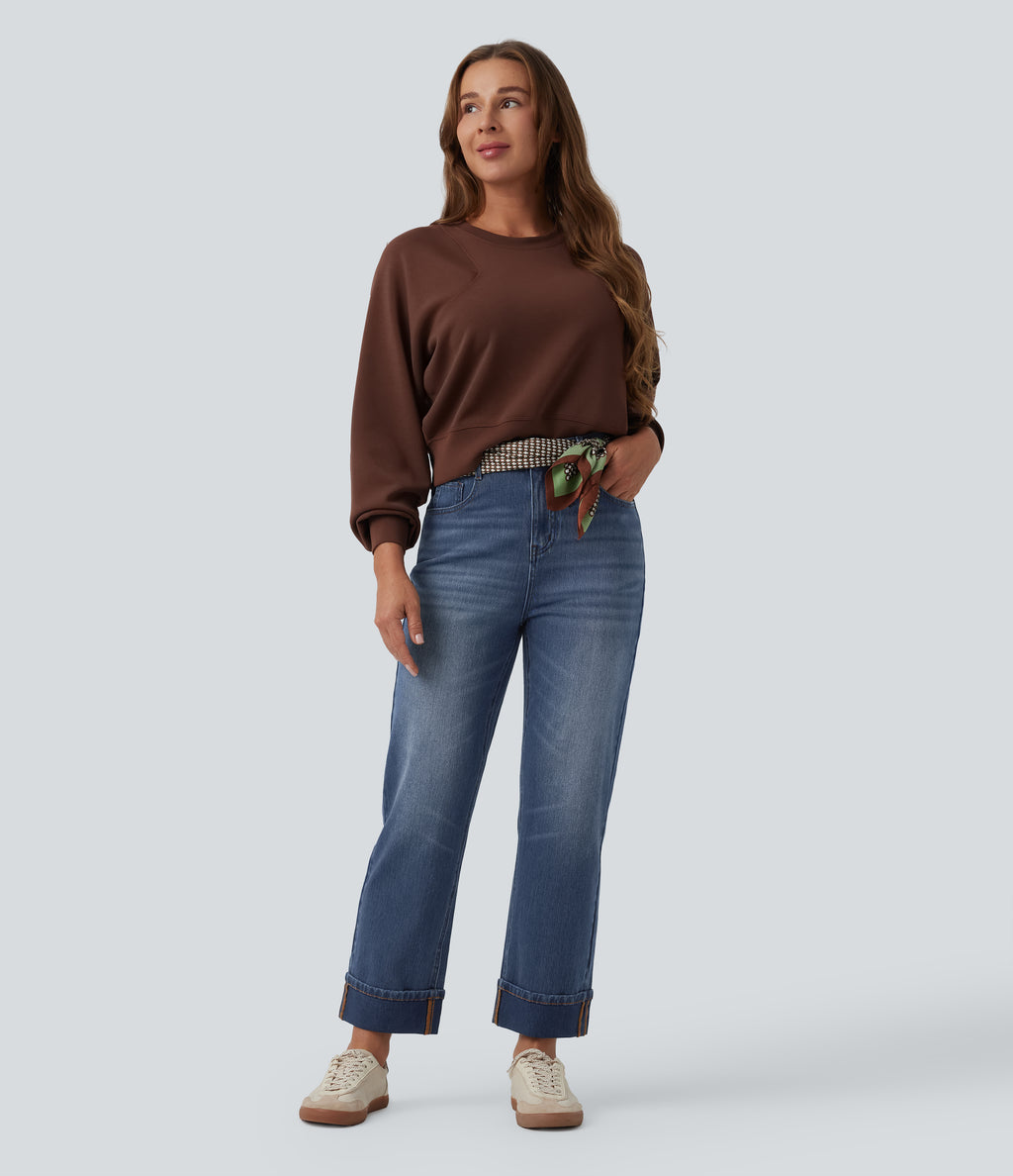 High Waisted Straight Leg Casual Jeans with Pockets — Estate Blue Denim — view 7