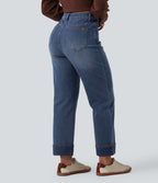 High Waisted Straight Leg Casual Jeans with Pockets — Estate Blue Denim — view 2
