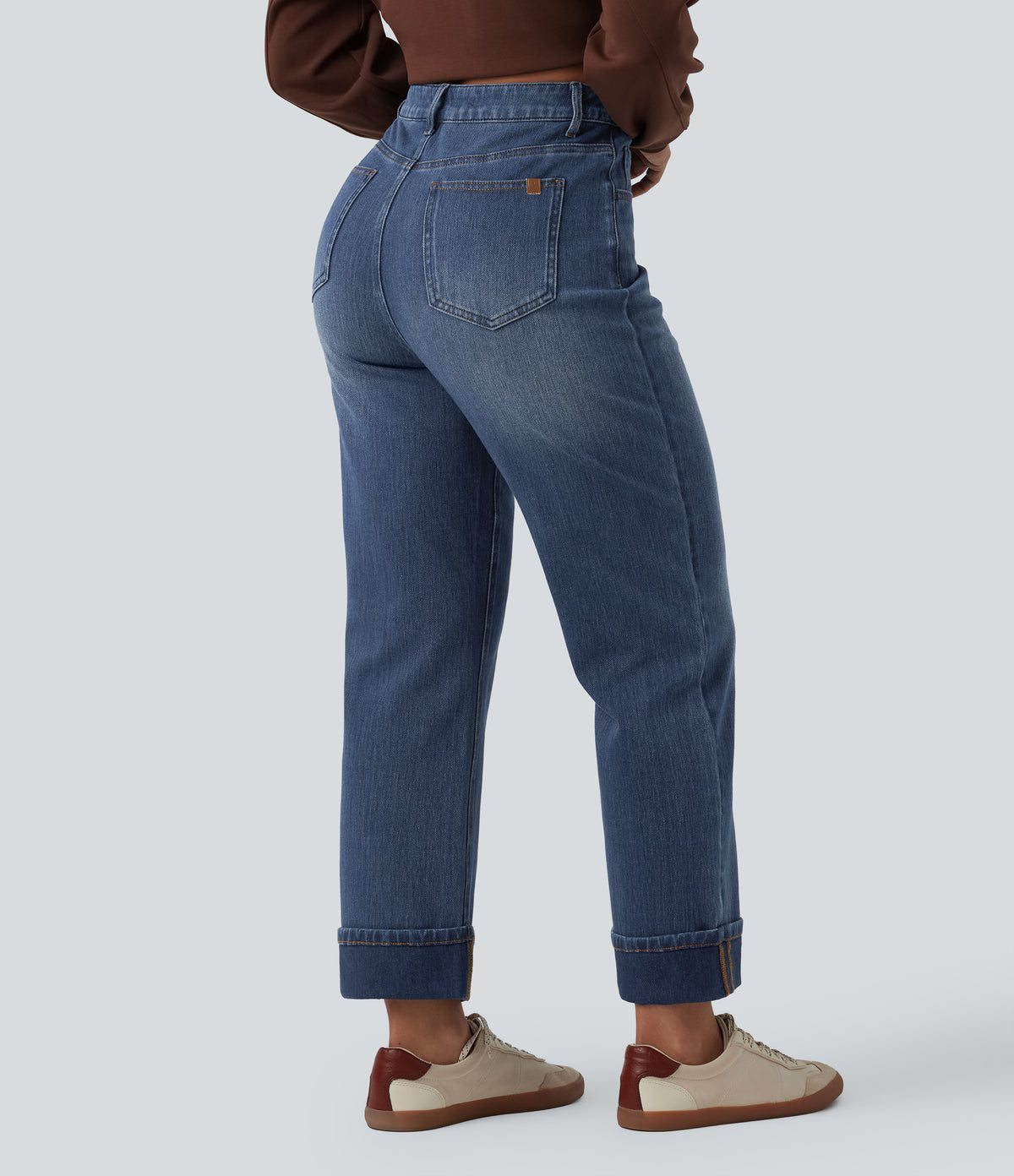 High Waisted Straight Leg Casual Jeans with Pockets — Estate Blue Denim — view 2