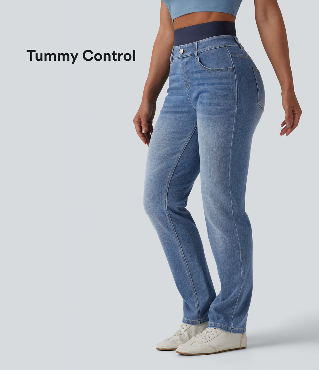 Double Waistband High Waisted Tummy Control Slim Casual Jeans with pockets — Blue Jasper Denim — view 1