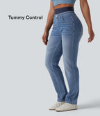 Double Waistband High Waisted Tummy Control Slim Casual Jeans with pockets — Blue Jasper Denim — view 1