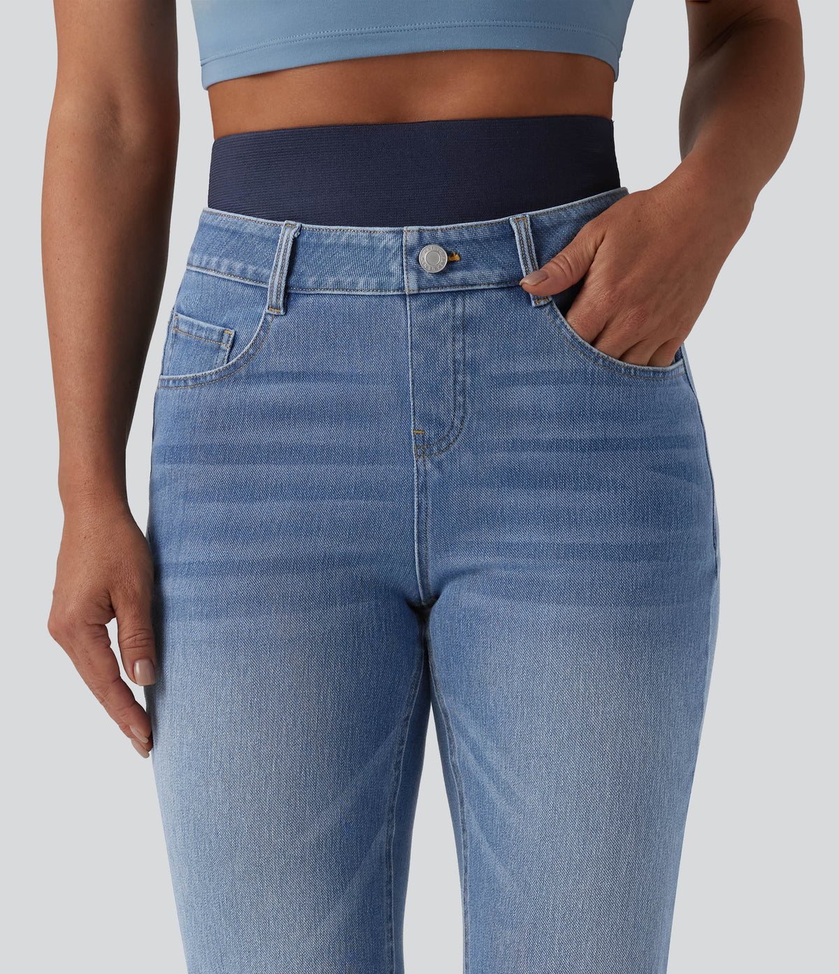 Double Waistband High Waisted Tummy Control Slim Casual Jeans with pockets — Blue Jasper Denim — view 5