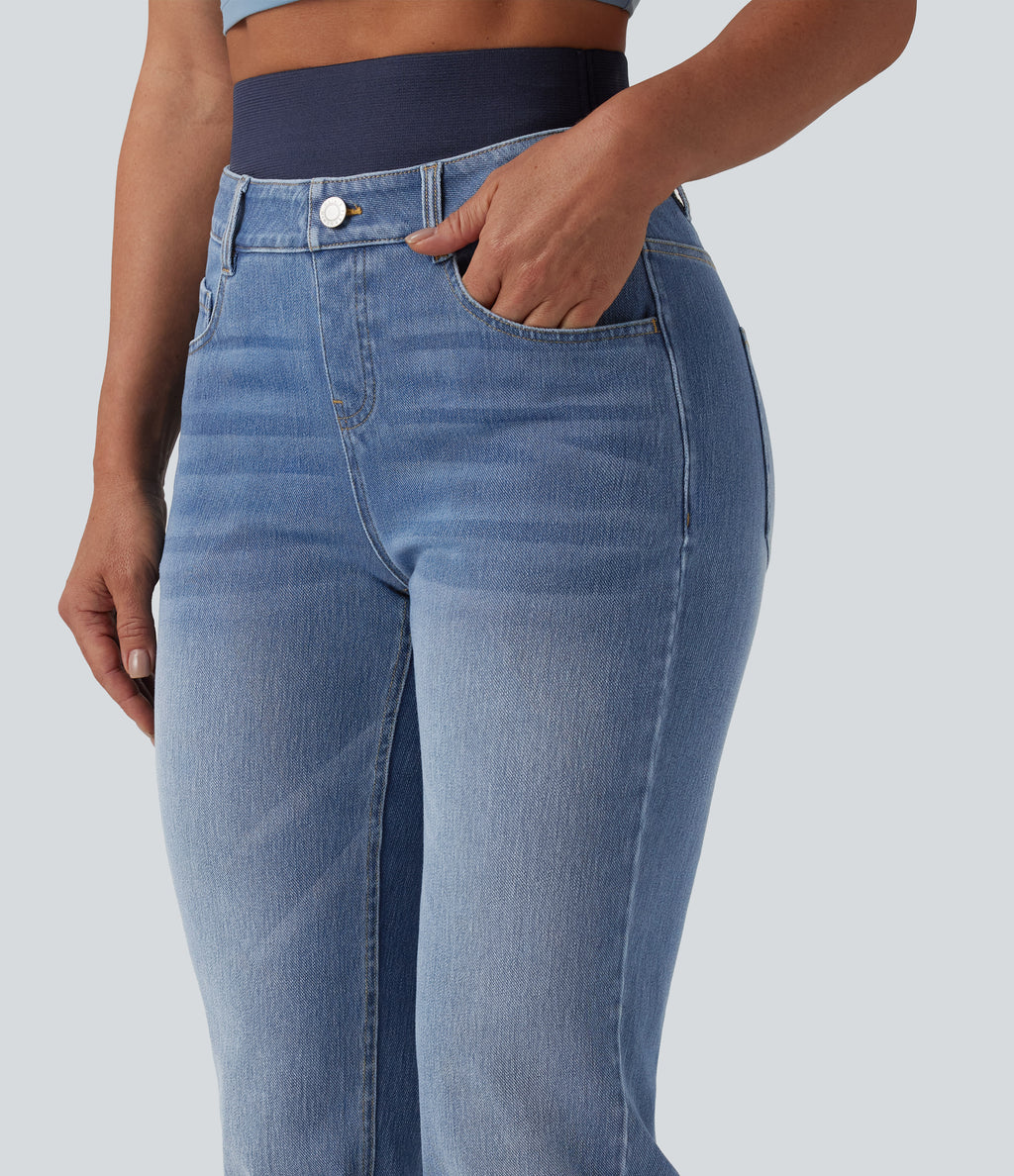 Double Waistband High Waisted Tummy Control Slim Casual Jeans with pockets — Blue Jasper Denim — view 4