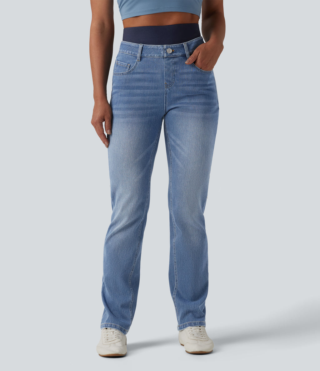 Double Waistband High Waisted Tummy Control Slim Casual Jeans with pockets — Blue Jasper Denim — view 3