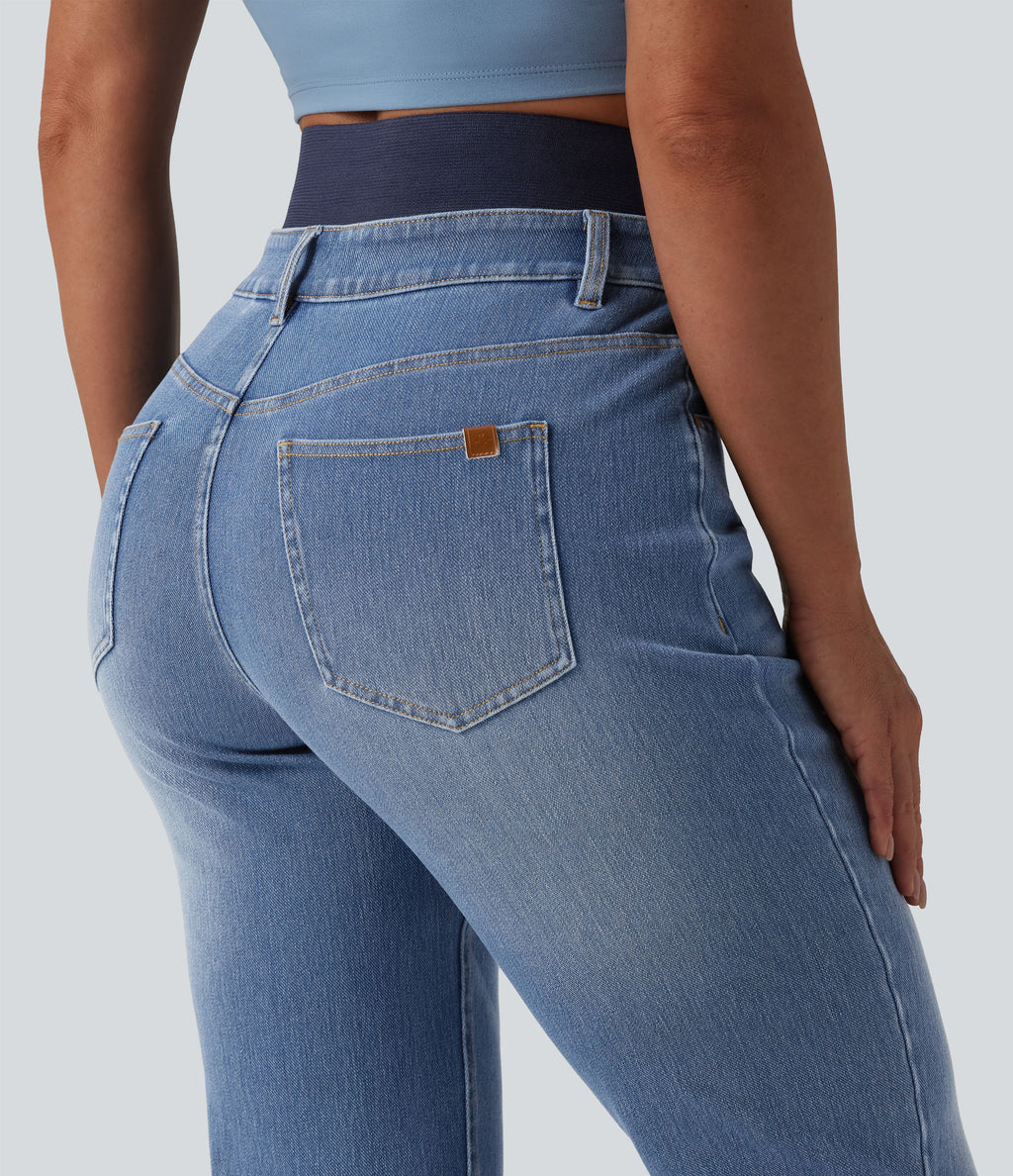 Double Waistband High Waisted Tummy Control Slim Casual Jeans with pockets — Blue Jasper Denim — view 6