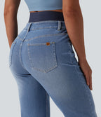 Double Waistband High Waisted Tummy Control Slim Casual Jeans with pockets — Blue Jasper Denim — view 6
