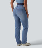 Double Waistband High Waisted Tummy Control Slim Casual Jeans with pockets — Blue Jasper Denim — view 2