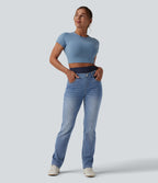 Double Waistband High Waisted Tummy Control Slim Casual Jeans with pockets — Blue Jasper Denim — view 7