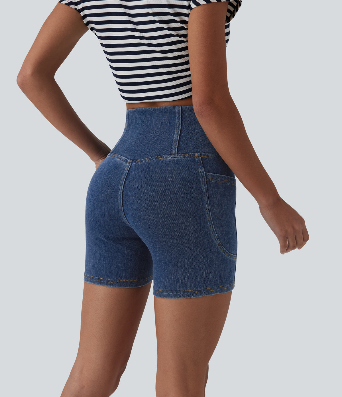 Crossover High Waisted Tummy Control Denim Casual Skinny Shorts 5'' with Pockets — Tide Blue Denim — view 5