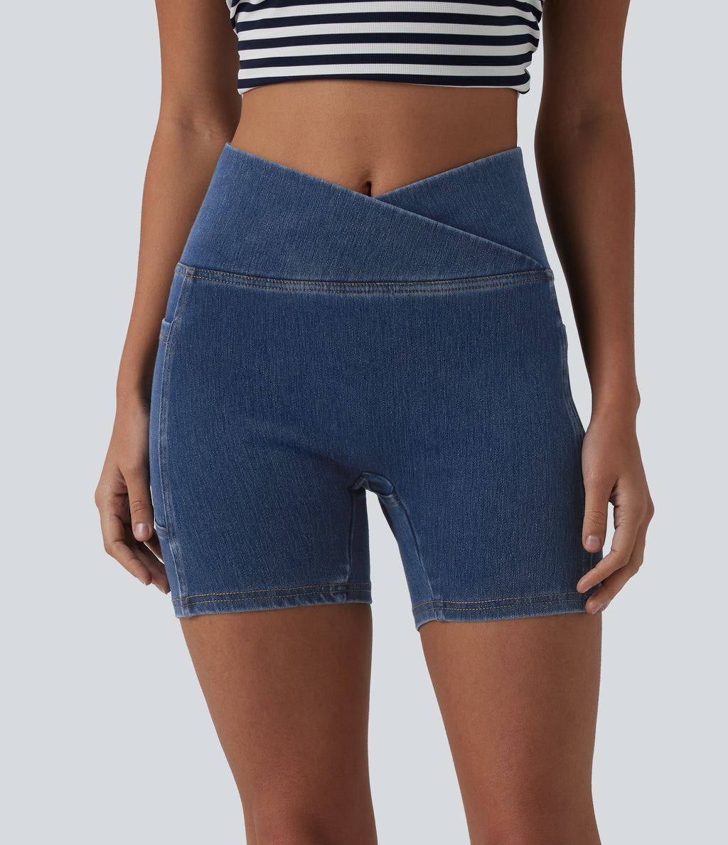 Crossover High Waisted Tummy Control Denim Casual Skinny Shorts 5'' with Pockets — Tide Blue Denim — view 4