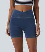 Crossover High Waisted Tummy Control Denim Casual Skinny Shorts 5'' with Pockets — Tide Blue Denim — view 4