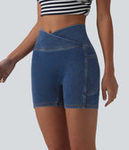 Crossover High Waisted Tummy Control Denim Casual Skinny Shorts 5'' with Pockets — Tide Blue Denim — view 3