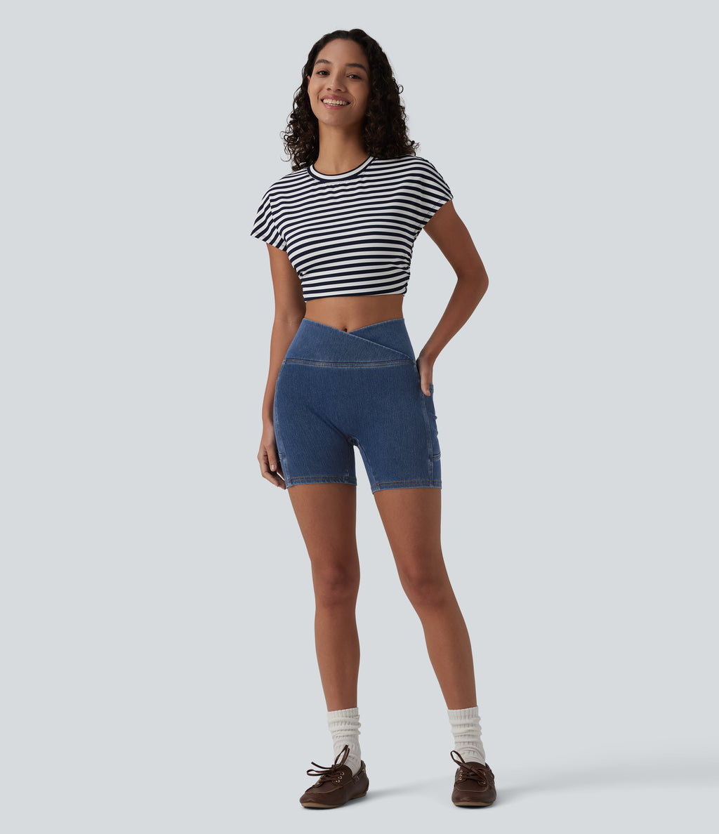 Crossover High Waisted Tummy Control Denim Casual Skinny Shorts 5'' with Pockets — Tide Blue Denim — view 6