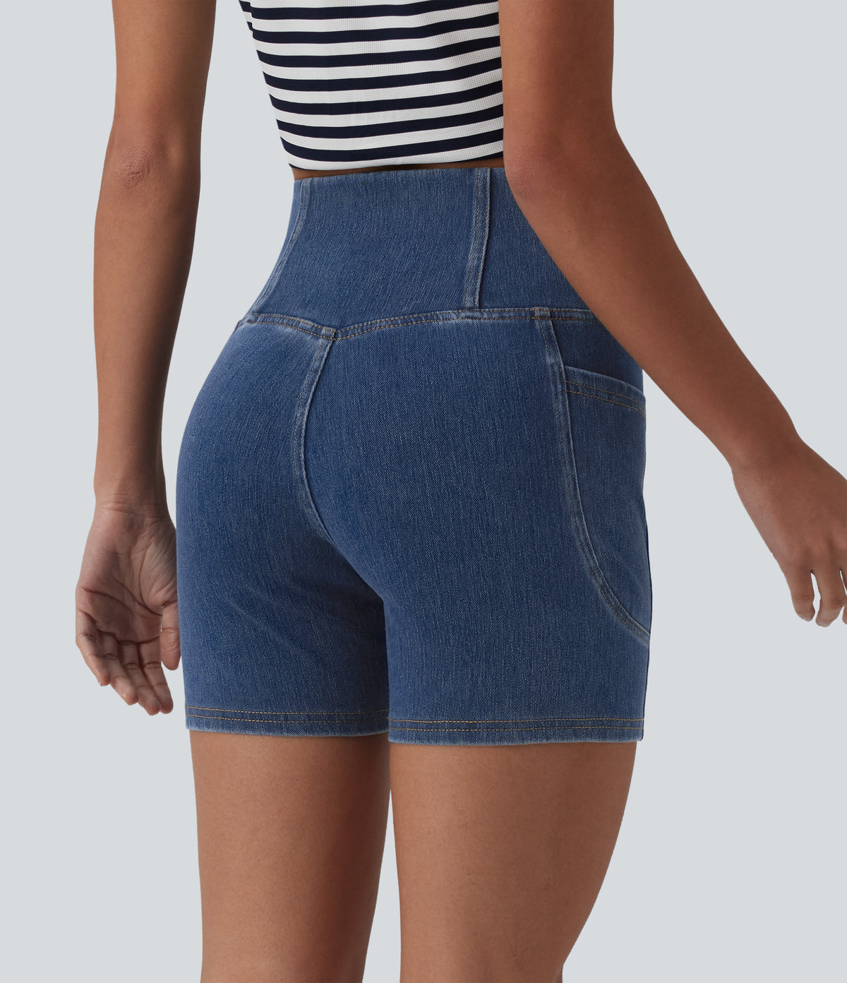 Crossover High Waisted Tummy Control Denim Casual Skinny Shorts 5'' with Pockets — Tide Blue Denim — view 2