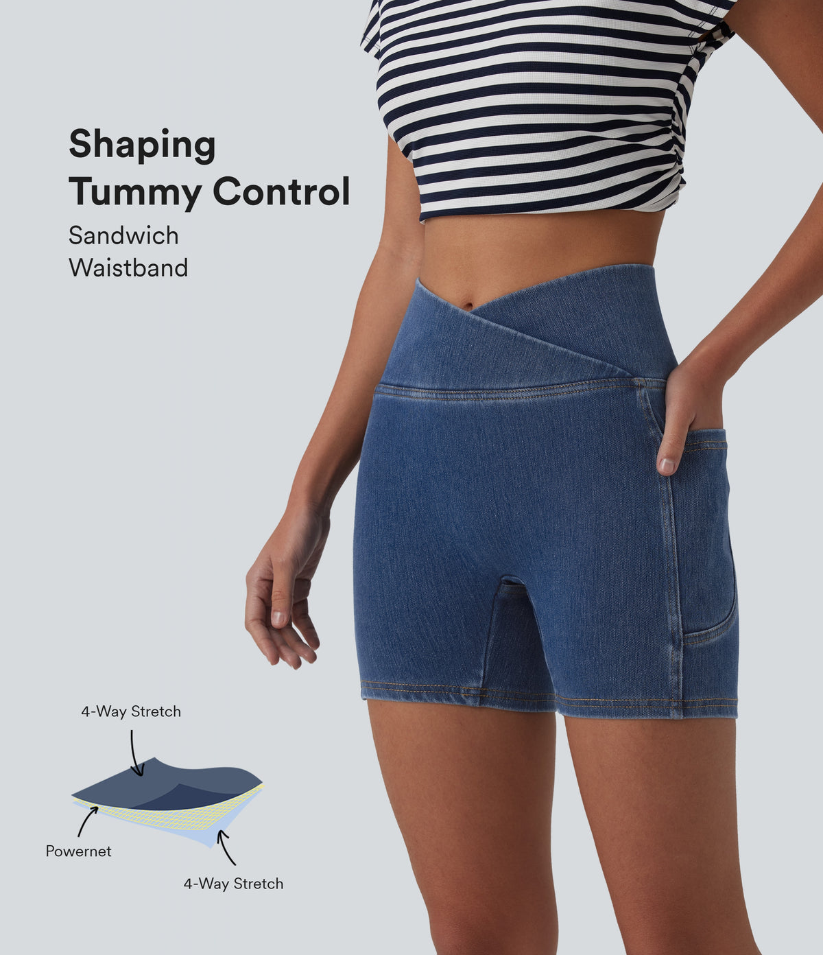 Crossover High Waisted Tummy Control Denim Casual Skinny Shorts 5'' with Pockets — Tide Blue Denim — view 1