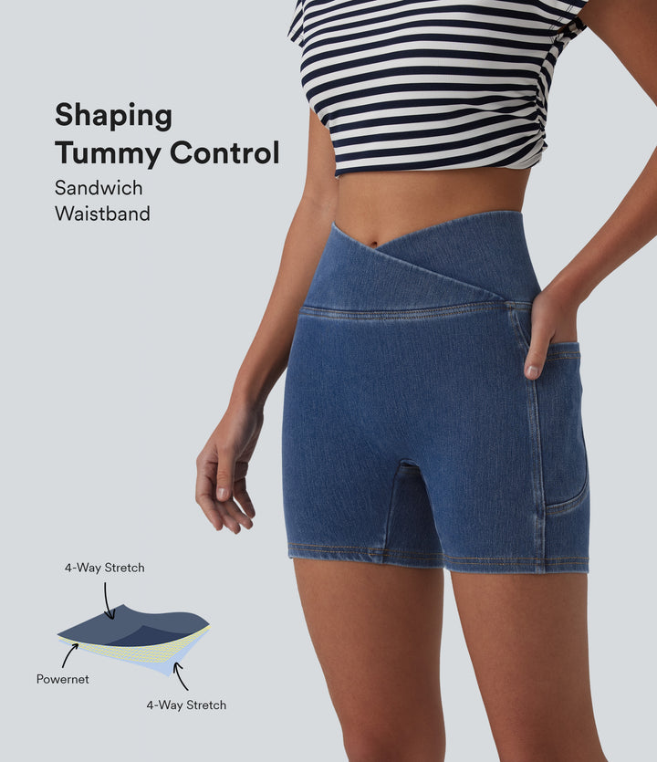 Crossover High Waisted Tummy Control Denim Casual Skinny Shorts 5'' with Pockets — Tide Blue Denim — view 1