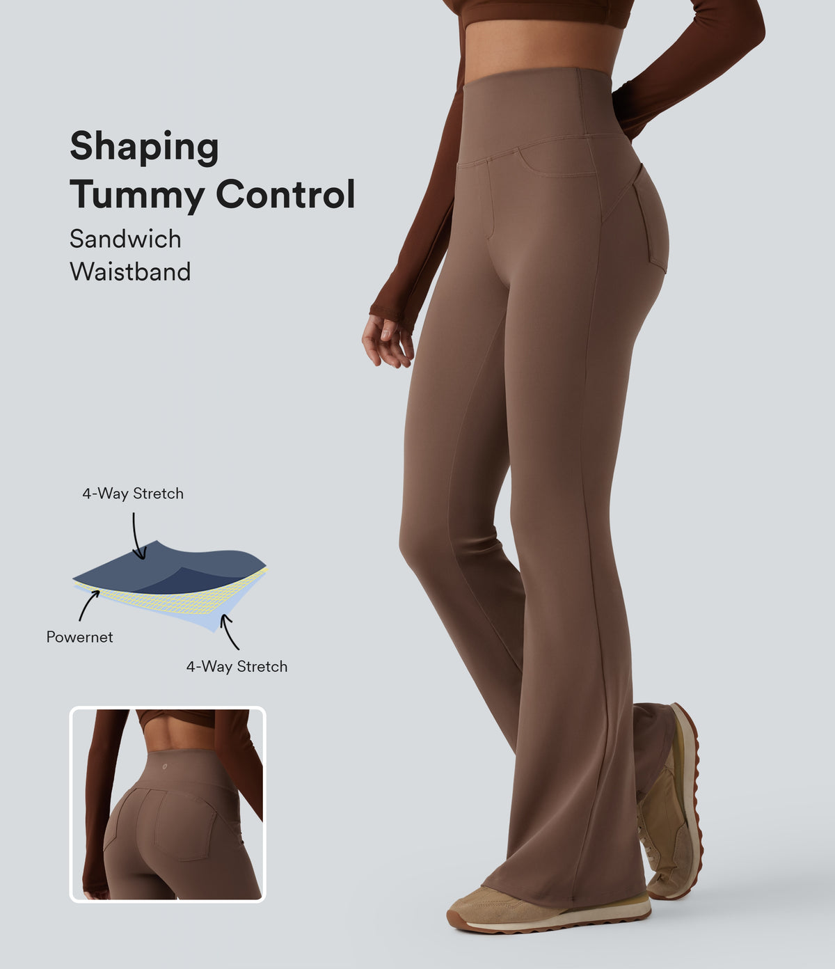 High Waisted Tummy Control Bootcut Yoga Leggings with Pockets — Sepia — view 1