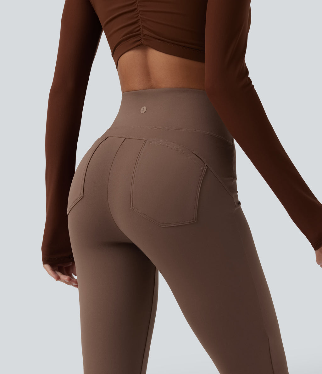 High Waisted Tummy Control Bootcut Yoga Leggings with Pockets — Sepia — view 4