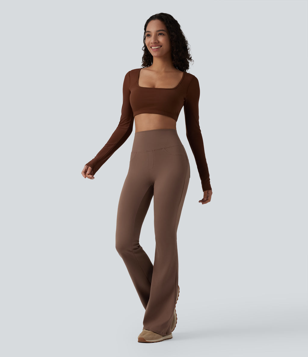 High Waisted Tummy Control Bootcut Yoga Leggings with Pockets — Sepia — view 6