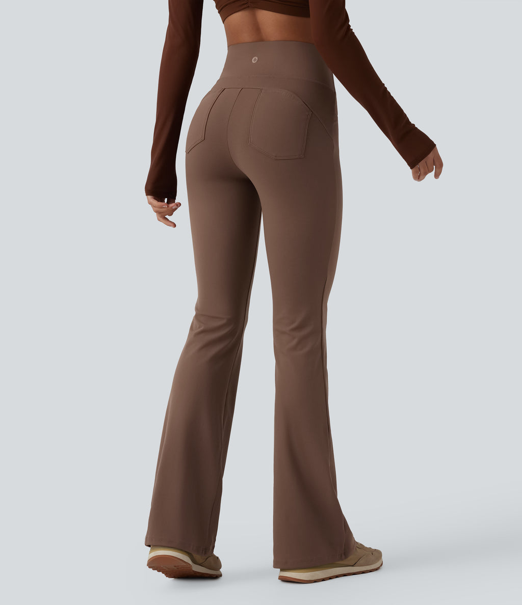 High Waisted Tummy Control Bootcut Yoga Leggings with Pockets — Sepia — view 2