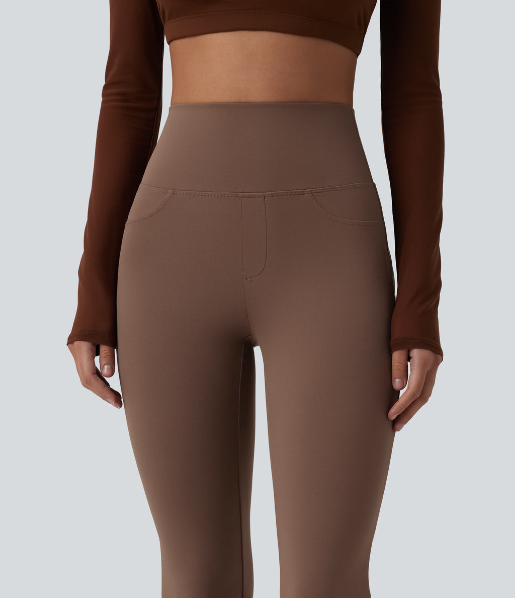 High Waisted Tummy Control Bootcut Yoga Leggings with Pockets — Sepia — view 5