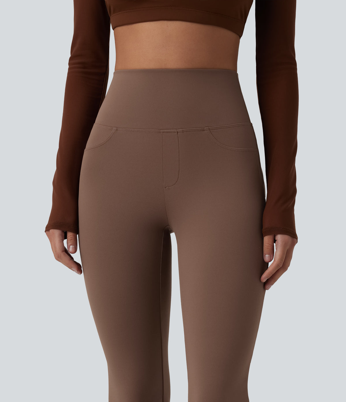 High Waisted Tummy Control Bootcut Yoga Leggings with Pockets — Sepia — view 5